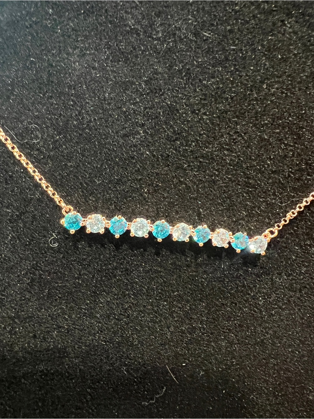 Rose Plated Gold Bar Necklace with Aquamarine and Aqua Blue CZ